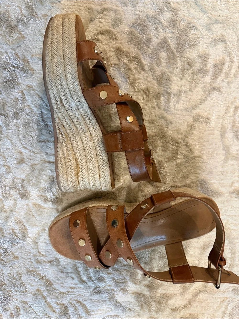 Women's Tan Studded Espadrille Wedge Sandals
